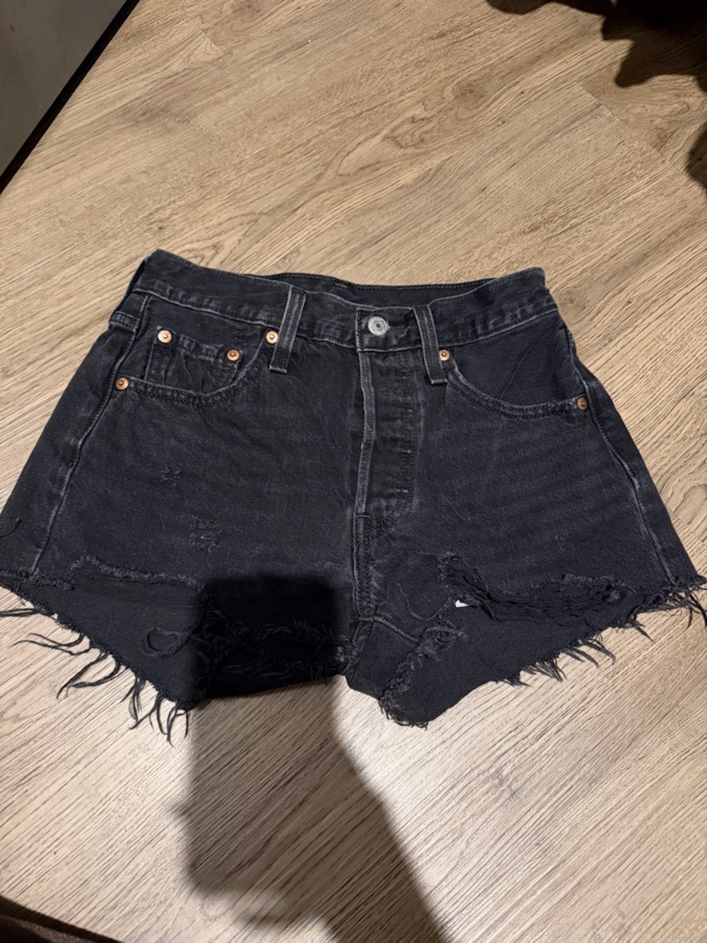 High-Rise Black Distressed Denim Shorts